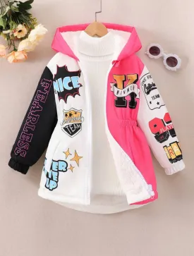 SHEIN Young Girl Letter Graphic Colorblock Hooded Thermal Lined Coat Without Sweater - 7 Years
