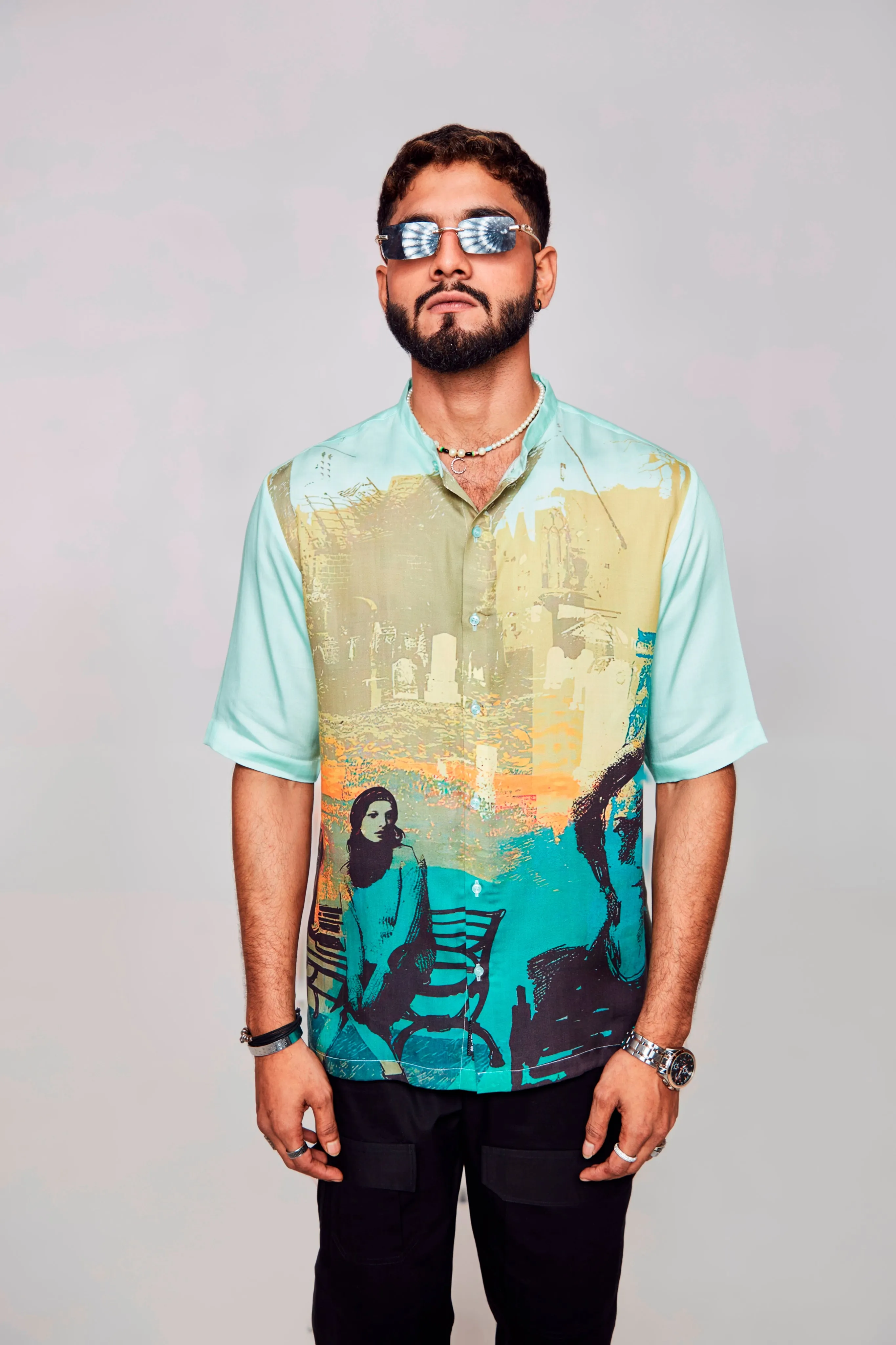 Solitude Serenade Printed Pure Tencel Satin Short Sleeve Shirt