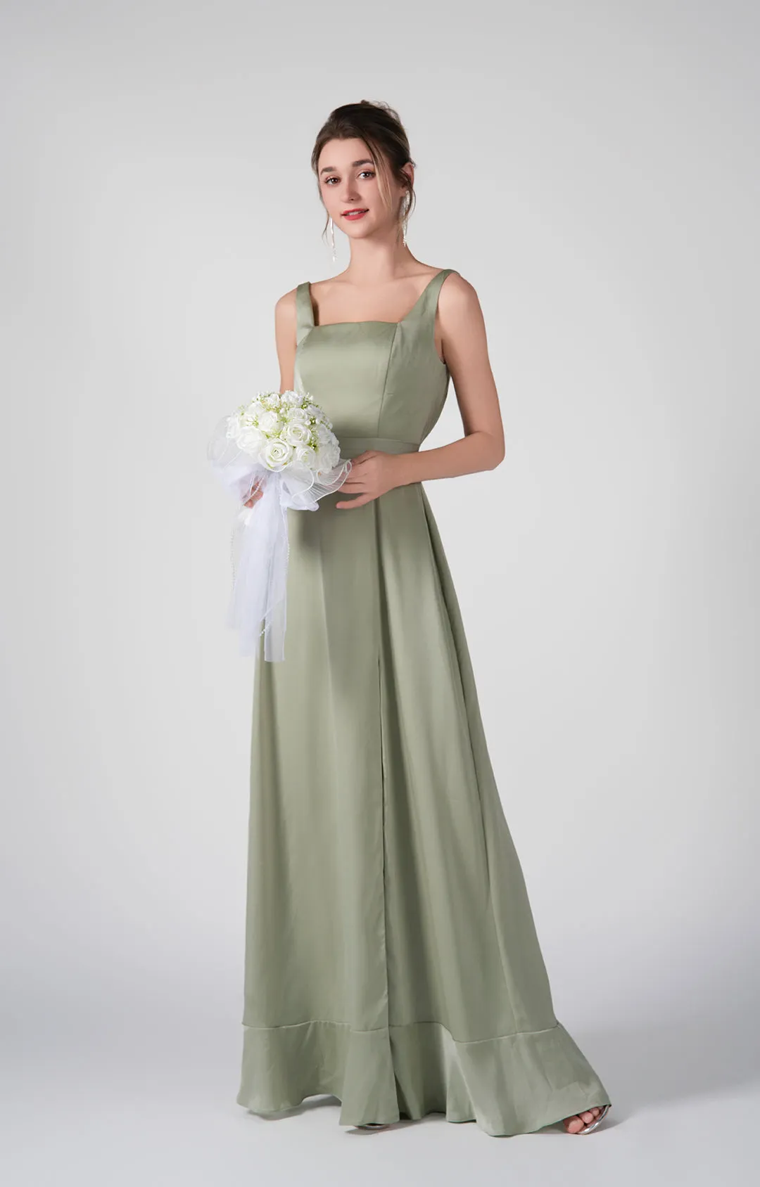 Square-Neck Wide Straps Side Slit A-Line Dresses