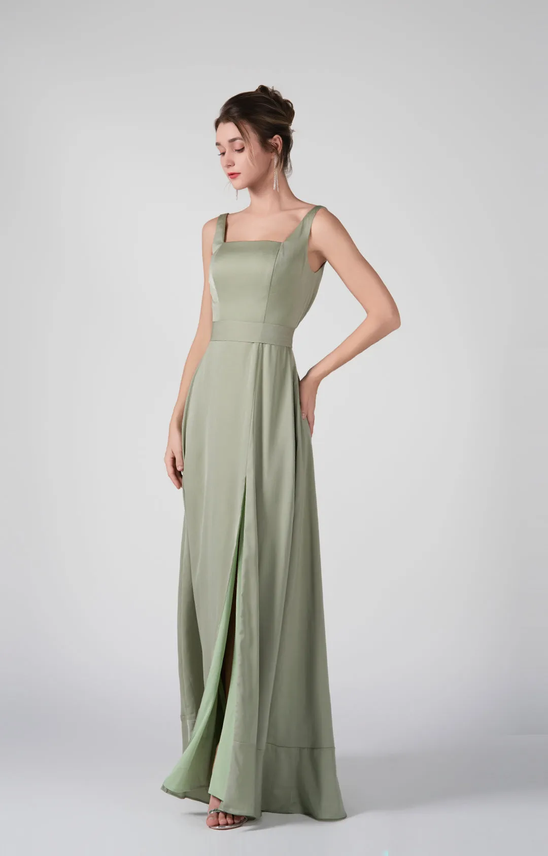 Square-Neck Wide Straps Side Slit A-Line Dresses