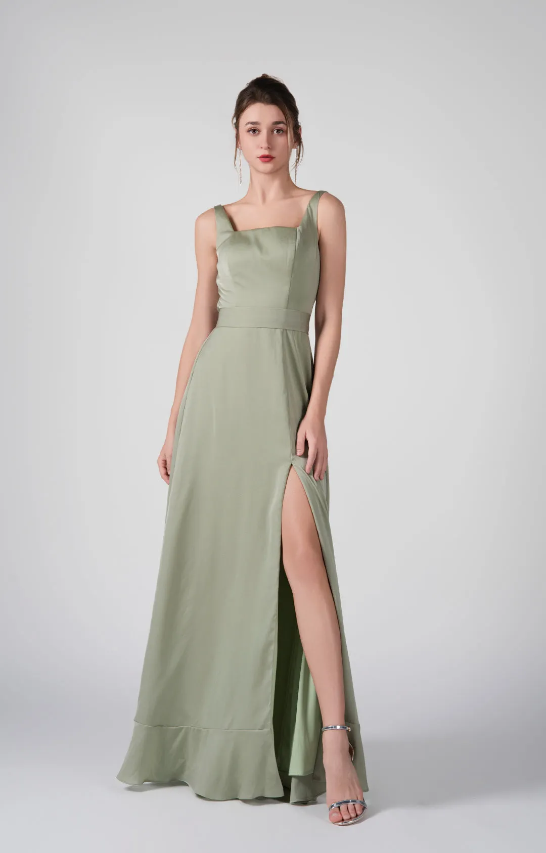 Square-Neck Wide Straps Side Slit A-Line Dresses