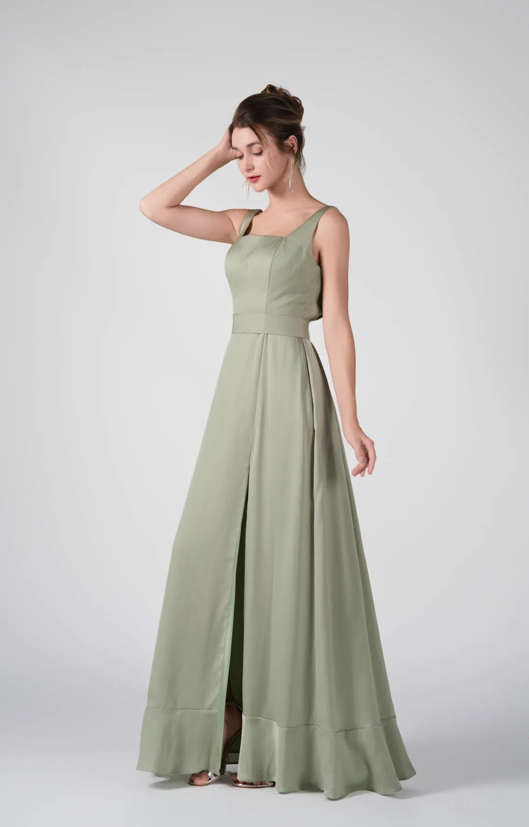 Square-Neck Wide Straps Side Slit A-Line Dresses
