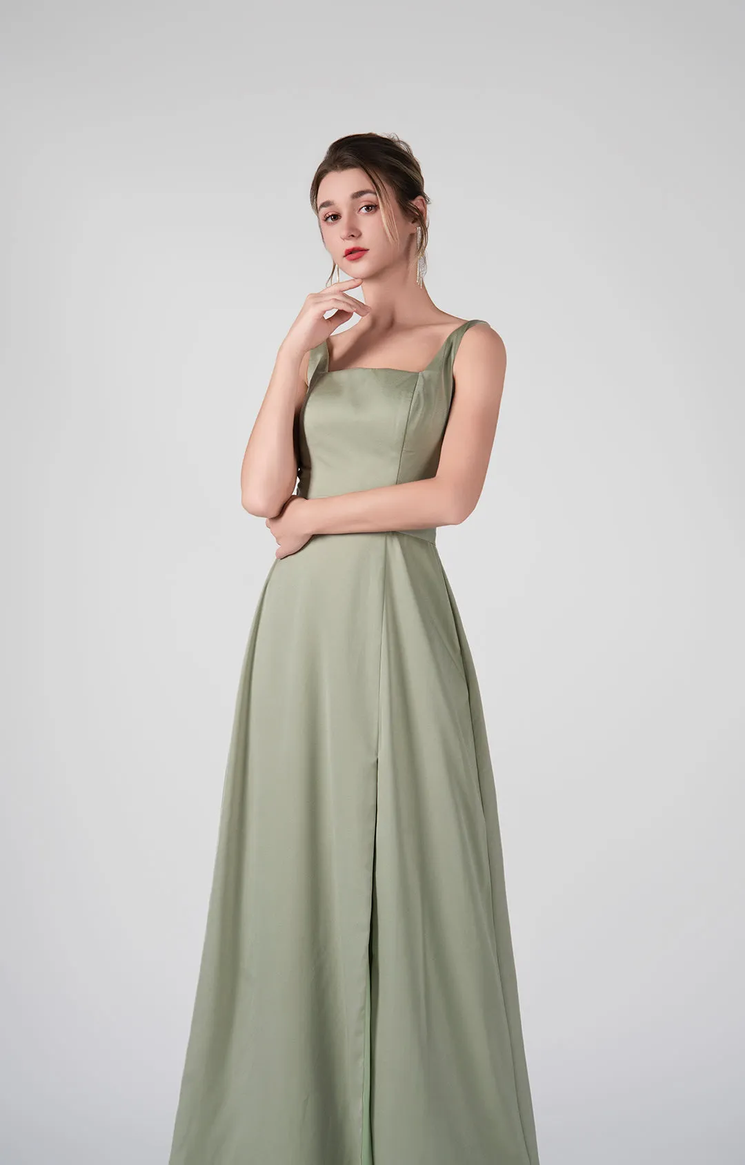 Square-Neck Wide Straps Side Slit A-Line Dresses