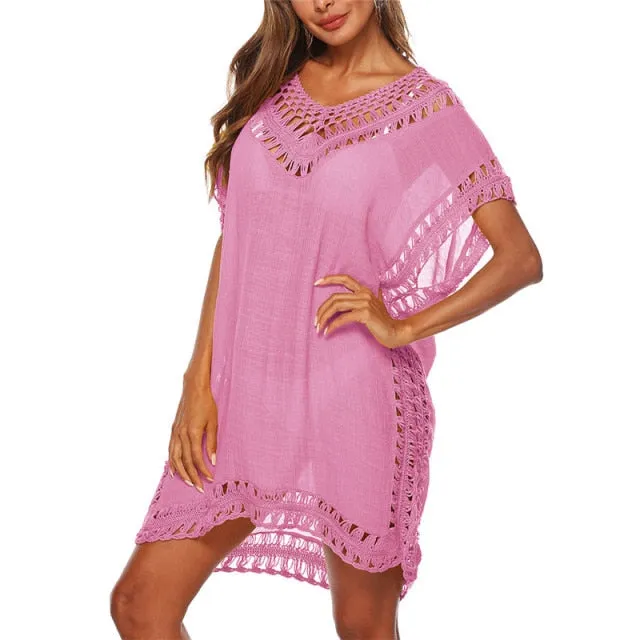 Tassel Tie Crochet Knitted Tunic Beach Cover Up