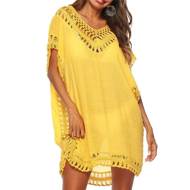 Tassel Tie Crochet Knitted Tunic Beach Cover Up