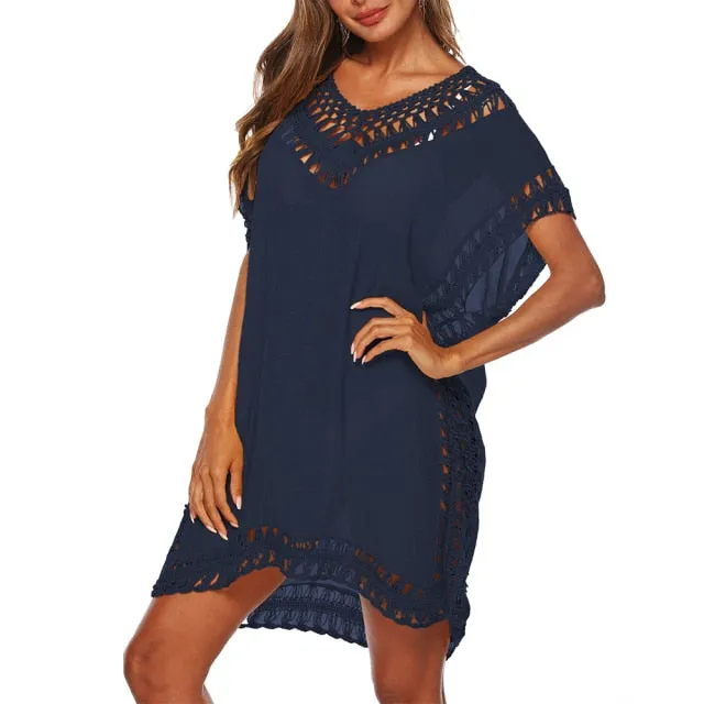 Tassel Tie Crochet Knitted Tunic Beach Cover Up