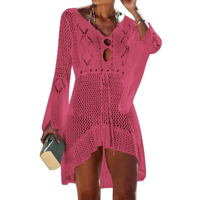 Tassel Tie Crochet Knitted Tunic Beach Cover Up