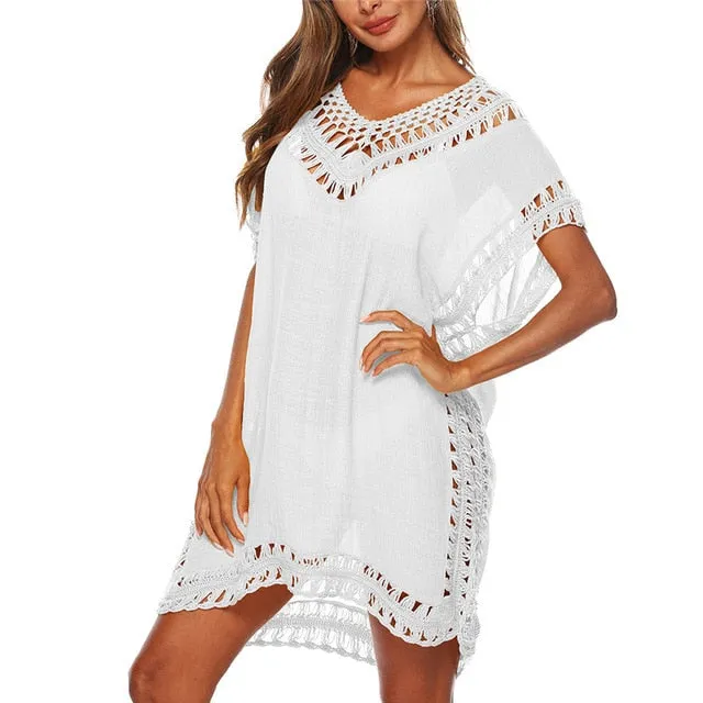 Tassel Tie Crochet Knitted Tunic Beach Cover Up