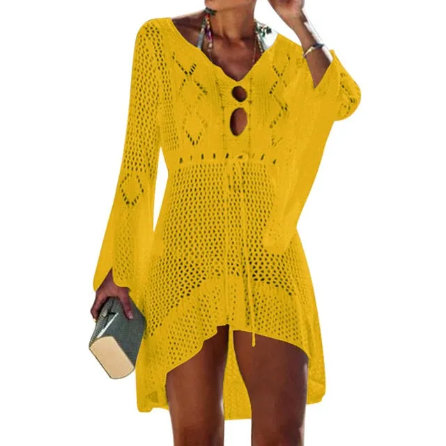 Tassel Tie Crochet Knitted Tunic Beach Cover Up