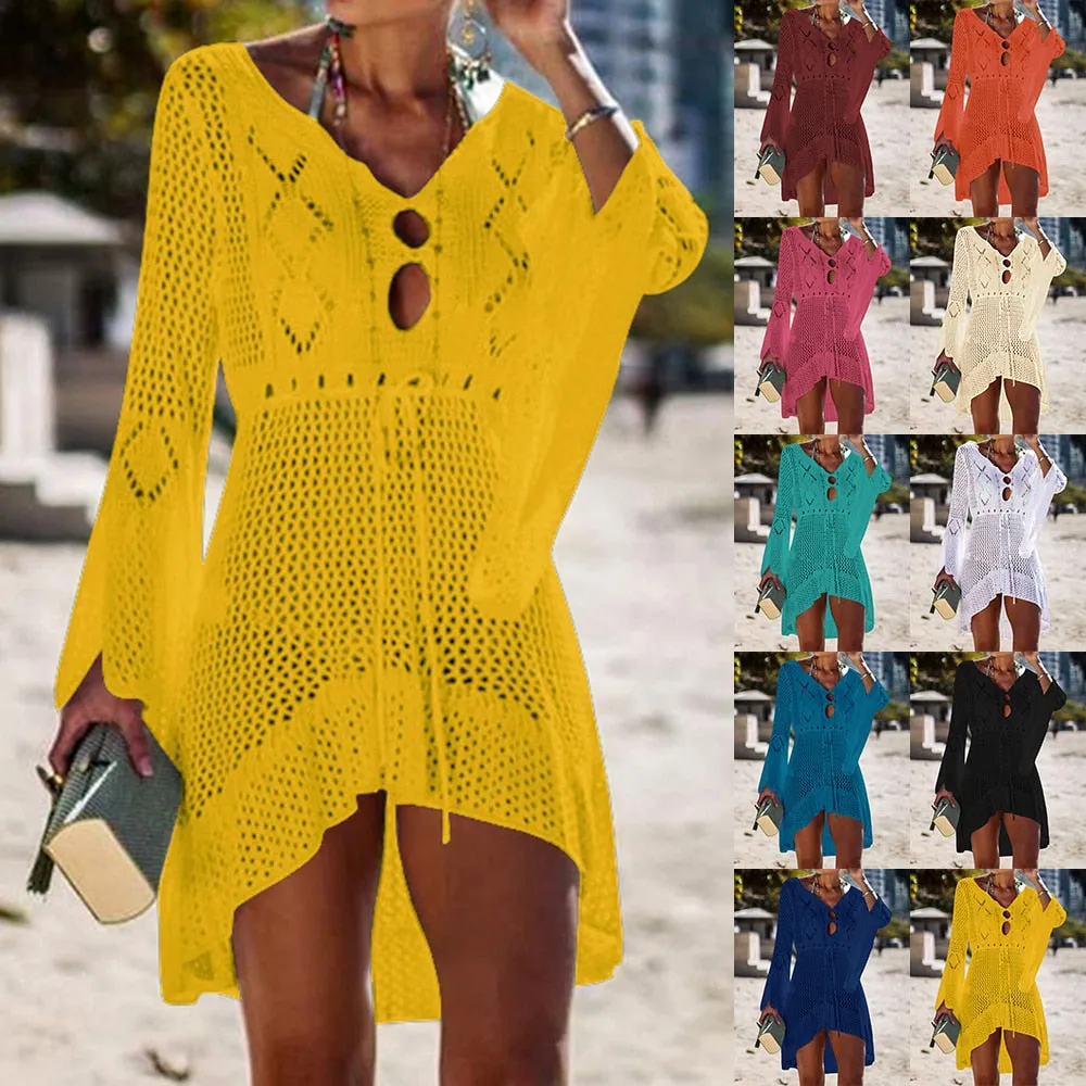 Tassel Tie Crochet Knitted Tunic Beach Cover Up