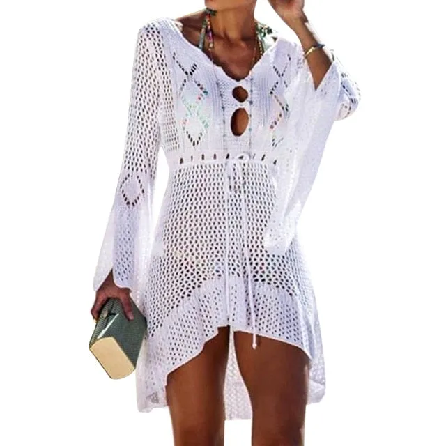 Tassel Tie Crochet Knitted Tunic Beach Cover Up
