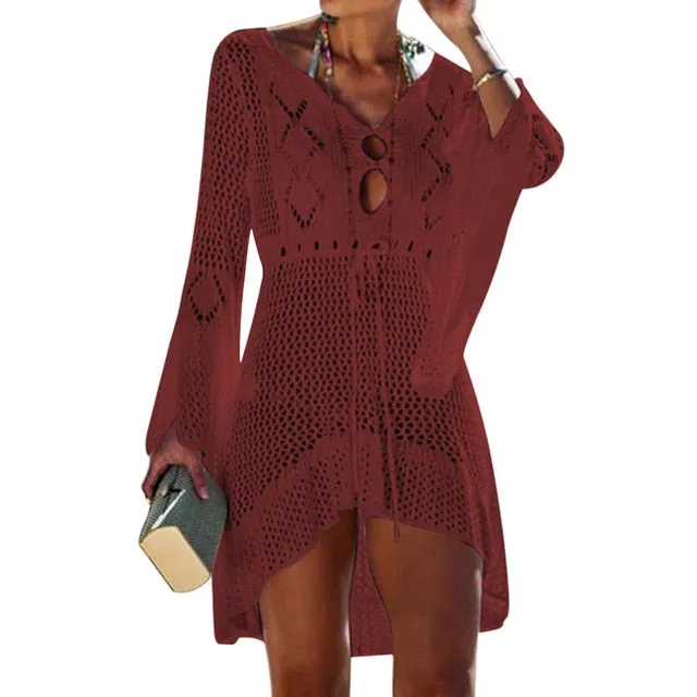 Tassel Tie Crochet Knitted Tunic Beach Cover Up