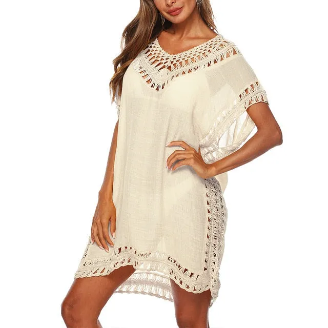 Tassel Tie Crochet Knitted Tunic Beach Cover Up