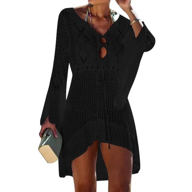 Tassel Tie Crochet Knitted Tunic Beach Cover Up