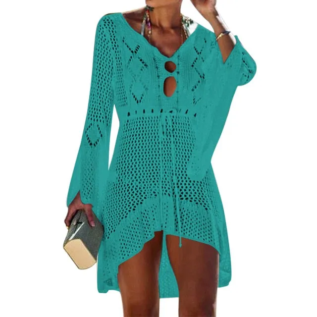 Tassel Tie Crochet Knitted Tunic Beach Cover Up