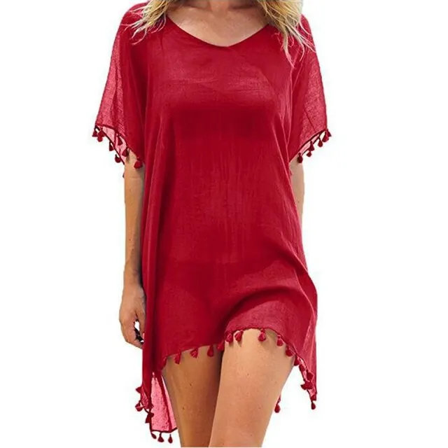 Tassel Tie Crochet Knitted Tunic Beach Cover Up