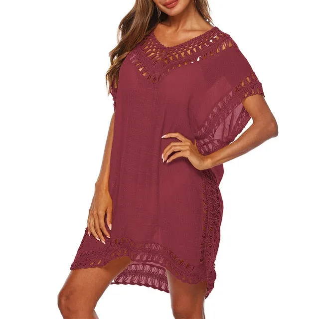 Tassel Tie Crochet Knitted Tunic Beach Cover Up