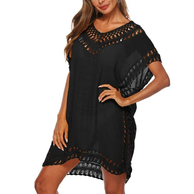 Tassel Tie Crochet Knitted Tunic Beach Cover Up