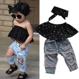 Toddler Newborn Baby Girl Clothes Dot Sleeveless Top Vest Hole Jeans Pants Outfits Casual Fashion Summer clothing ropa de bebes