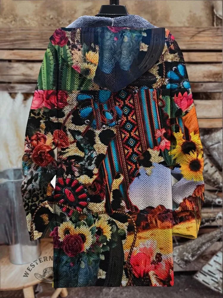 Western Denim Patchwork Pattern Thick Long-Sleeved Sweater Cardigan Coat