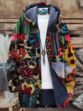 Western Denim Patchwork Pattern Thick Long-Sleeved Sweater Cardigan Coat