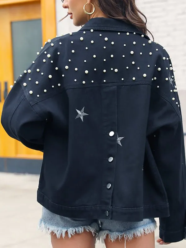 Women's Coats Embroidered Beaded Loose Black Denim Coat