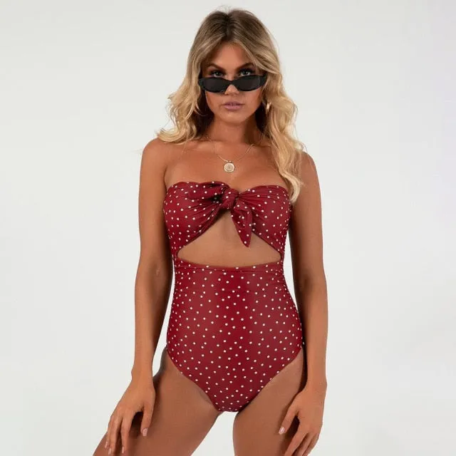 Women's  Vintage Sexy Print Bow Top Monokini Bathing Suit